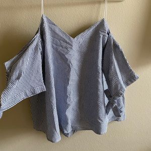 Cold Shoulder Blue and White Seersucker Top